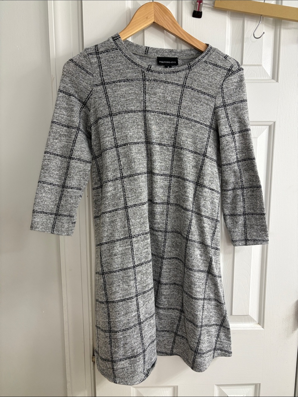 Worthington Gray Windowpane Long Sleeve Dress